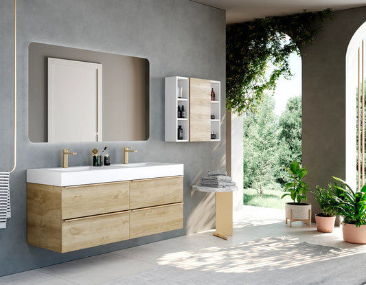 Lavabo rectangular Stillo Nival 1400x460mm encimera/mural blanco mate con faldón dos orificios