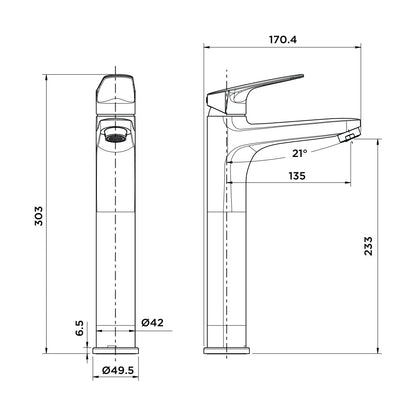 Grifo de lavabo extra alto Stillo Zeus apariencia acero inoxidable con ahorro de energía Cold Open sobre encimera