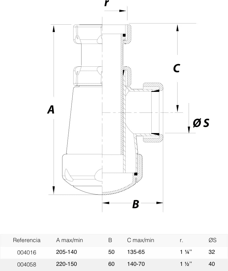 Sifón botella horizontal Jimten lavabo/bidet 1 1/2" blanco Ø40mm S-69