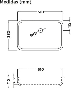 Lavabo rectangular Stillo Vulcano Spring Duo 510x330mm sobre encimera verde hoja mate sin orificios