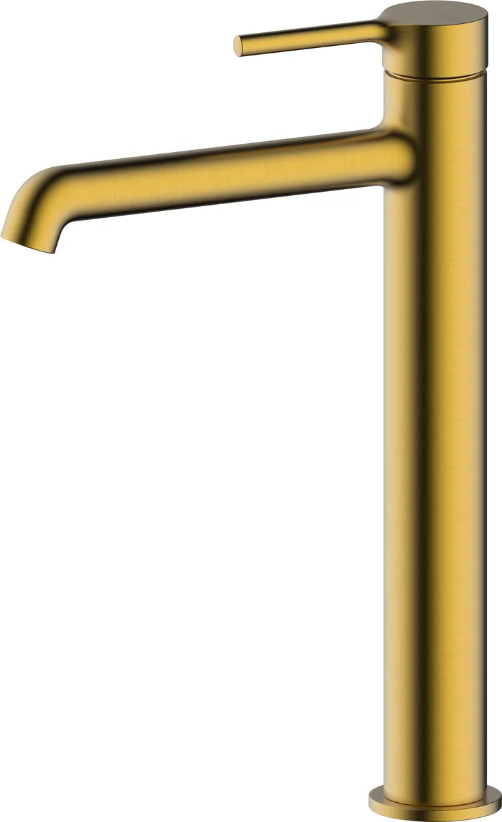 Grifo de lavabo extra alto Stillo Hades oro con apertura en frío y aireador