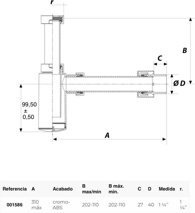 Sifón botella horizontal Jimten lavabo 1 1/4" cromo Ø40mm S-438