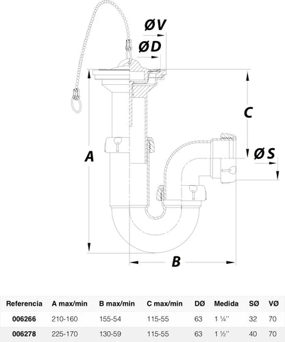 Sifón P horizontal Jimten lavabo/bidet 1 1/4" blanco Ø63mm con válvula desagüe S-90