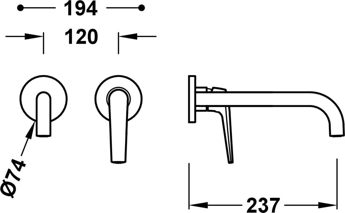 Parte exterior grifería empotrada mezclador lavabo mural Tres Fuji 28130022AC 2 agujeros 1 vía apariencia acero inoxidable caño 237mm