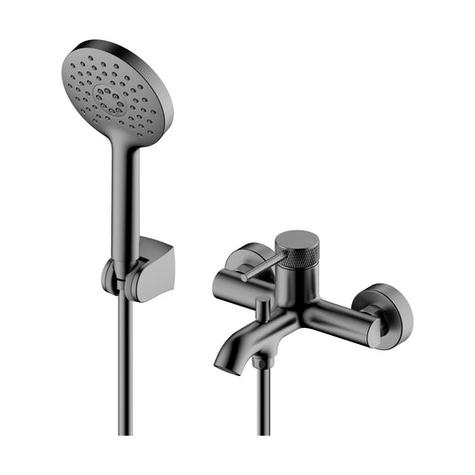 Grifería monomando para baño y ducha Stillo Hades acabado Gun Metal con detalle moleteado en la maneta diseño industrial premium
