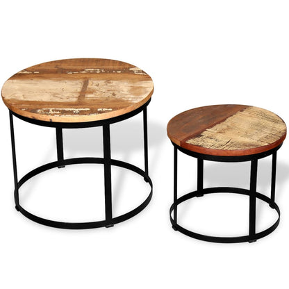 Mesa De Centro Redonda 2 Uds Madera Maciza Reciclada 40Cm/50Cm