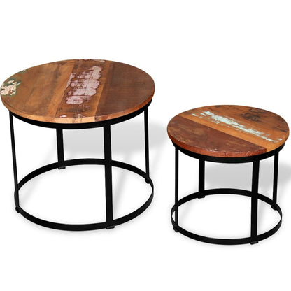 Mesa De Centro Redonda 2 Uds Madera Maciza Reciclada 40Cm/50Cm