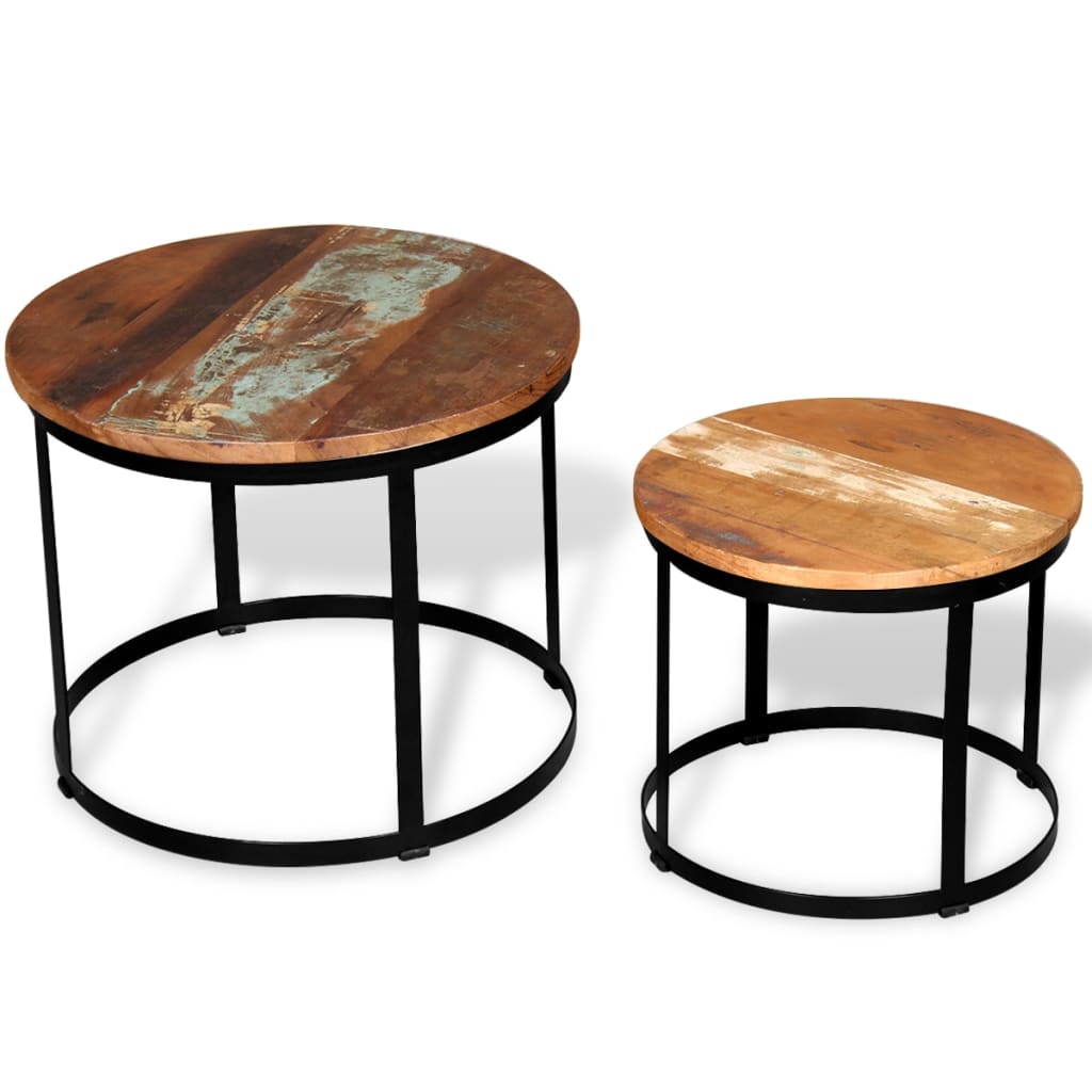 Mesa De Centro Redonda 2 Uds Madera Maciza Reciclada 40Cm/50Cm