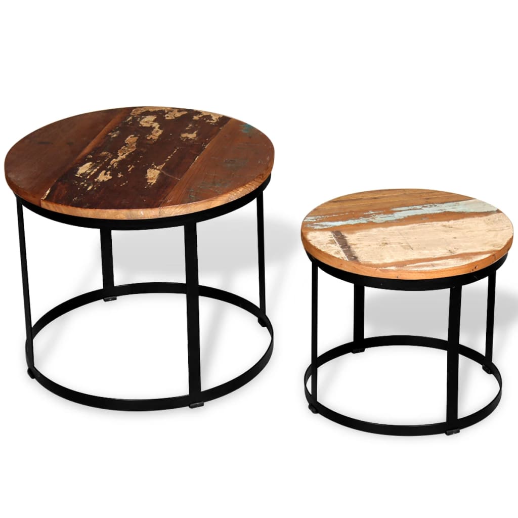 Mesa De Centro Redonda 2 Uds Madera Maciza Reciclada 40Cm/50Cm