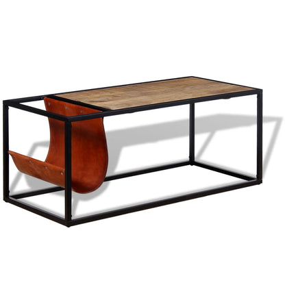 Mesa De Centro Con Revistero De Cuero Auténtico 110X50X45 Cm
