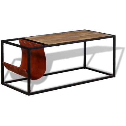 Mesa De Centro Con Revistero De Cuero Auténtico 110X50X45 Cm
