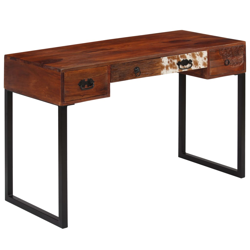 Escritorio Madera Maciza Acacia Cuero Auténtico 117X50X76 Cm