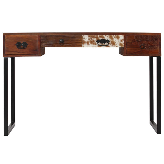 Escritorio Madera Maciza Acacia Cuero Auténtico 117X50X76 Cm