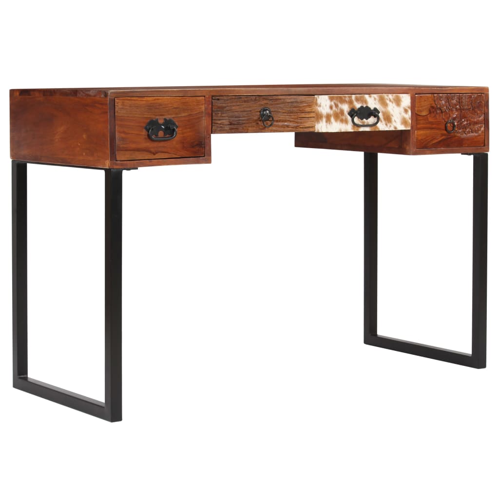Escritorio Madera Maciza Acacia Cuero Auténtico 117X50X76 Cm