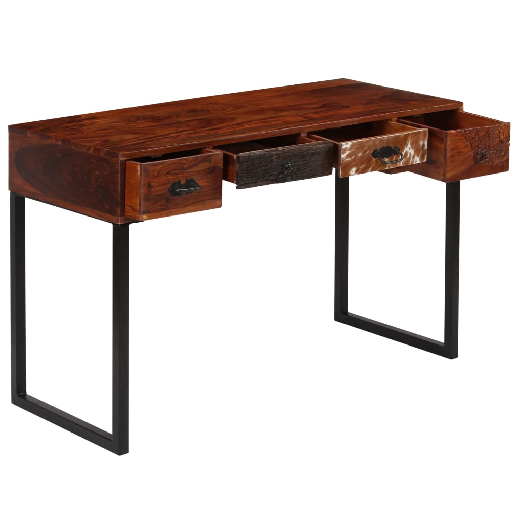 Escritorio Madera Maciza Acacia Cuero Auténtico 117X50X76 Cm