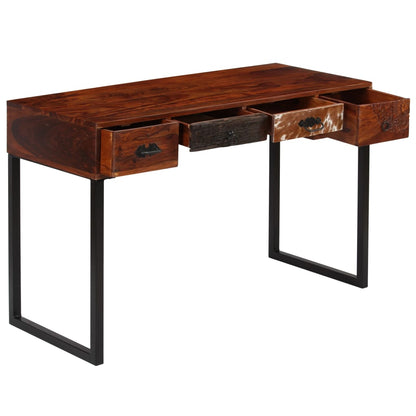 Escritorio Madera Maciza Acacia Cuero Auténtico 117X50X76 Cm