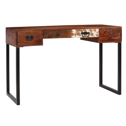 Escritorio Madera Maciza Acacia Cuero Auténtico 117X50X76 Cm