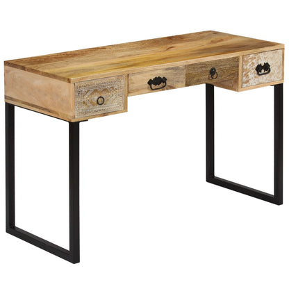 Escritorio Madera Maciza Acacia Cuero Auténtico 117X50X76 Cm