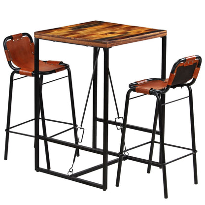 Set Muebles Bar 3 Pzas Madera Reciclada Cuero Cabra Auténtico