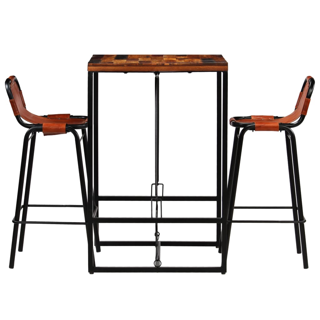 Set Muebles Bar 3 Pzas Madera Reciclada Cuero Cabra Auténtico