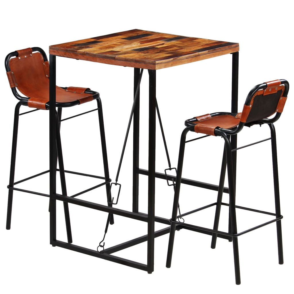 Set Muebles Bar 3 Pzas Madera Reciclada Cuero Cabra Auténtico