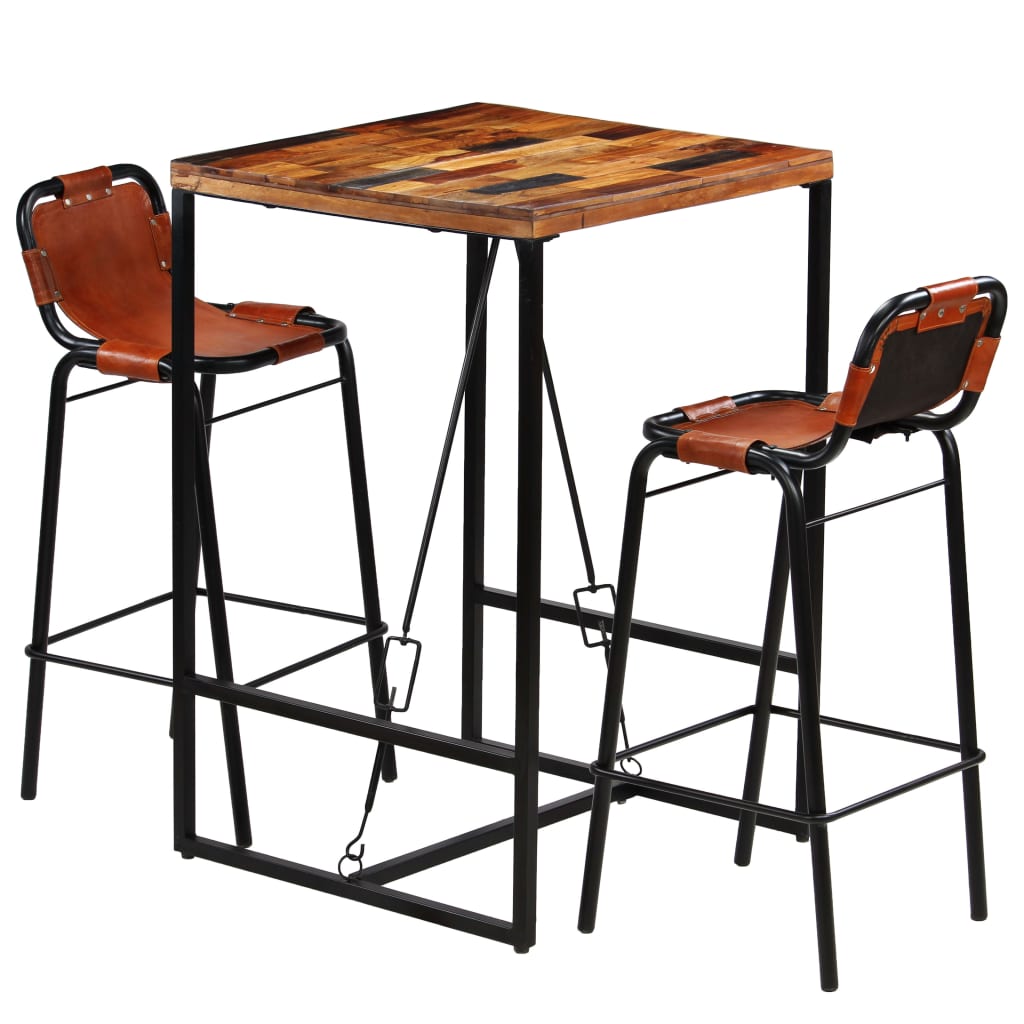 Set Muebles Bar 3 Pzas Madera Reciclada Cuero Cabra Auténtico
