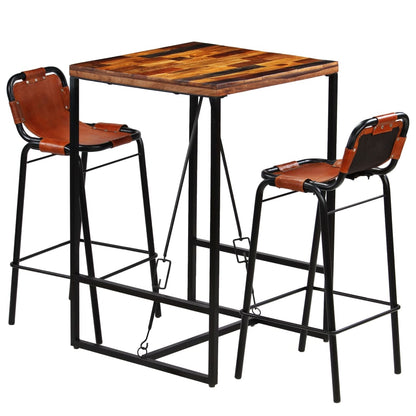 Set Muebles Bar 3 Pzas Madera Reciclada Cuero Cabra Auténtico