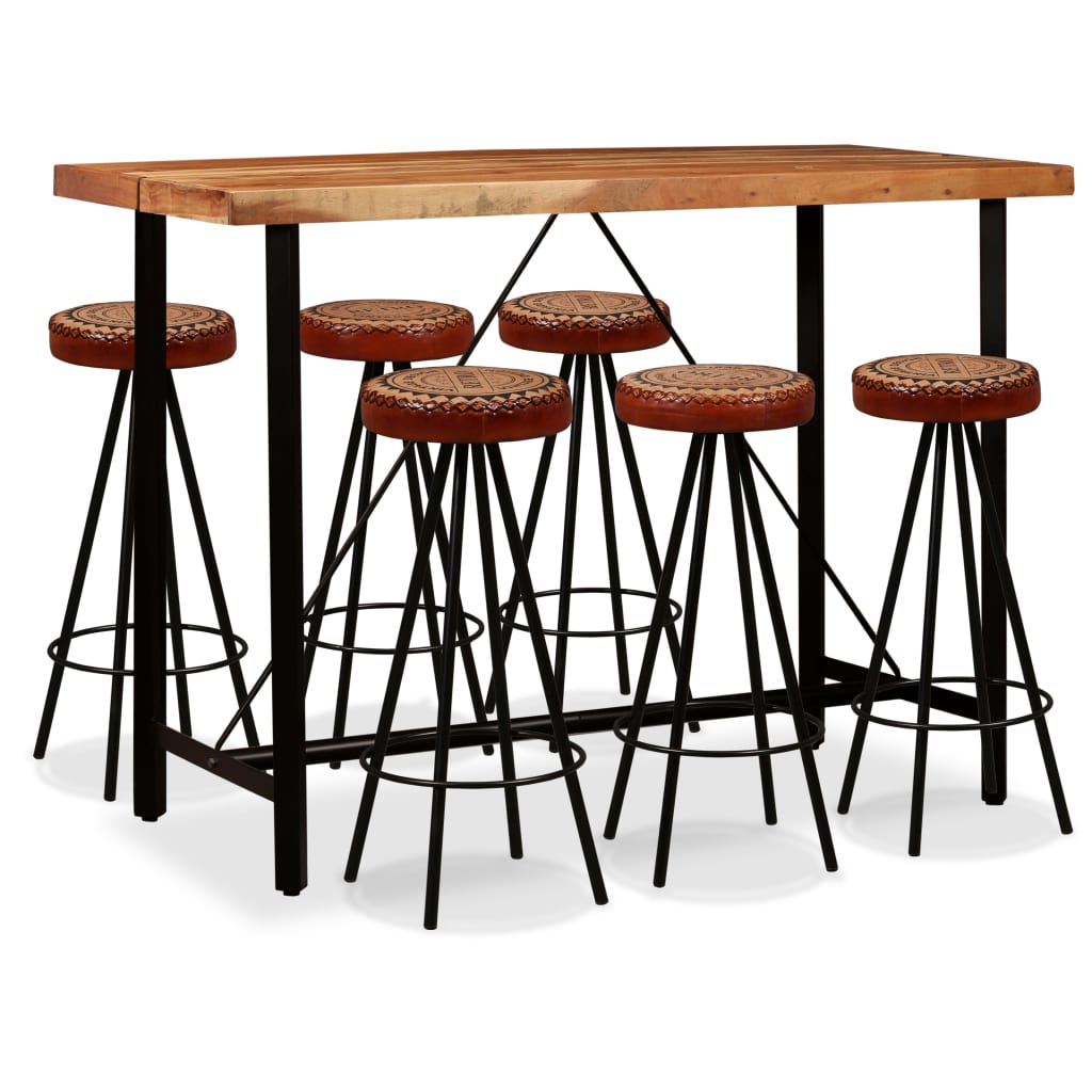 Mesa Y Taburetes Bar Madera Maciza Acacia Cuero Real Y Lona