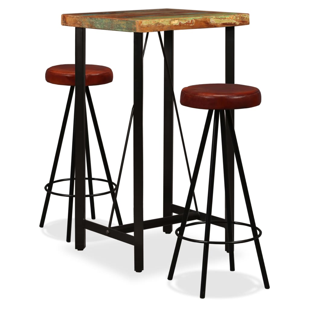 Set Muebles De Bar 5 Pzas Madera Maciza Reciclada Cuero Genuino