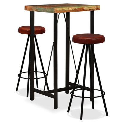 Set Muebles De Bar 5 Pzas Madera Maciza Reciclada Cuero Genuino