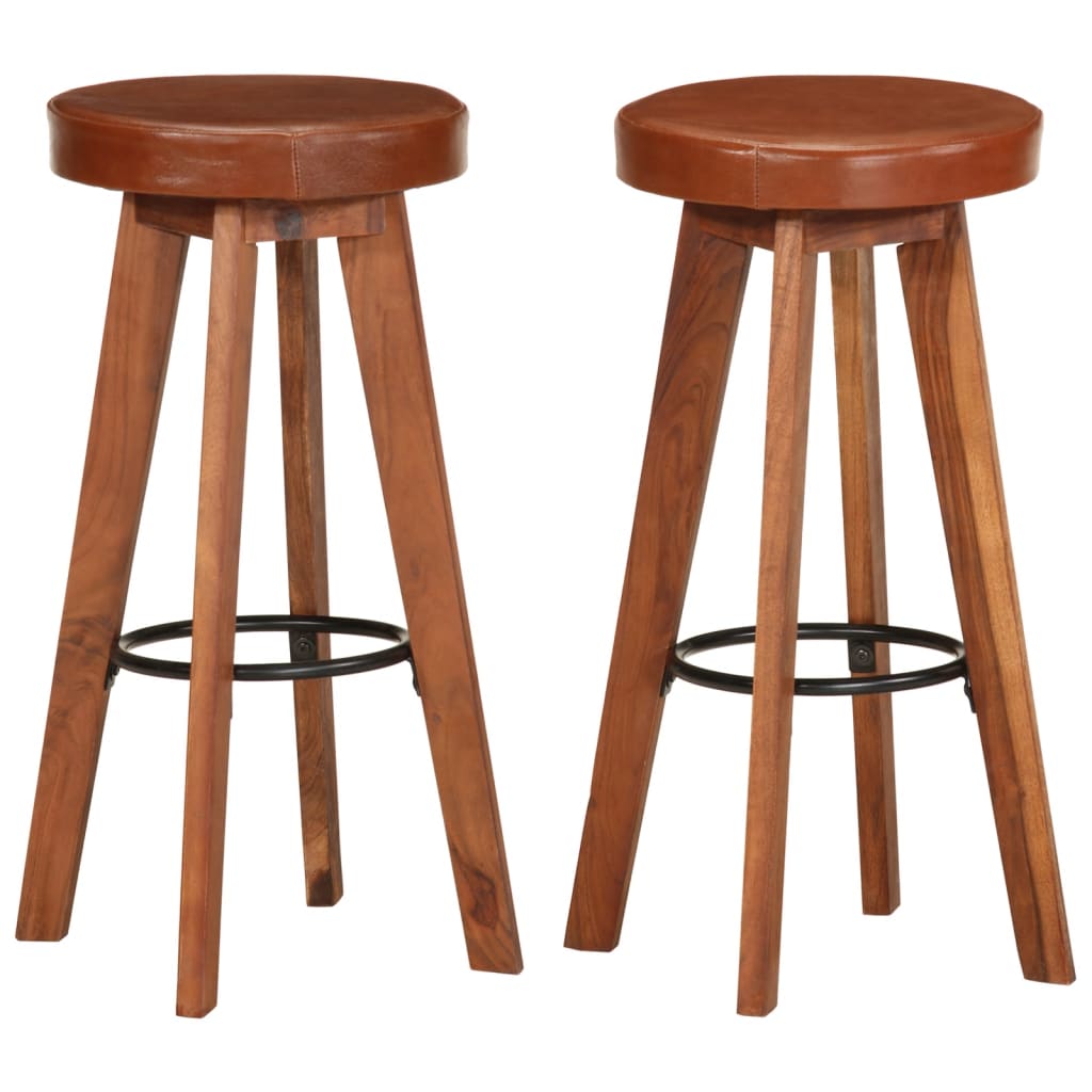 Taburetes De Cocina 2 Uds Cuero Auténtico Madera Maciza Acacia