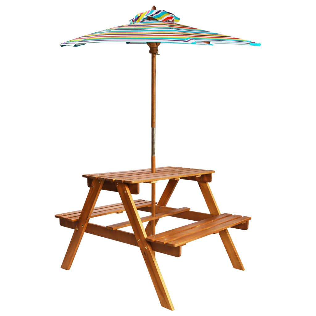 Mesa De Pícnic Infantil Y Sombrilla Acacia Maciza 79X90X60 Cm