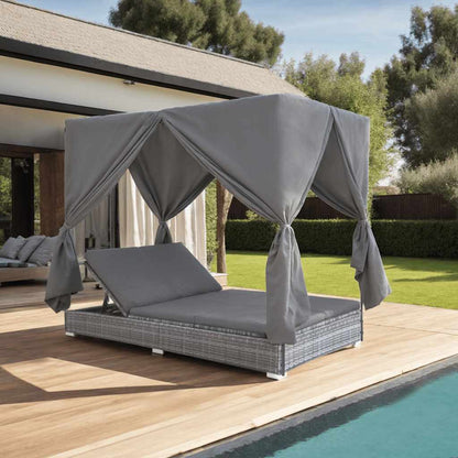 Tumbona Cama Con Cortinas De Ratán Sintético Gris