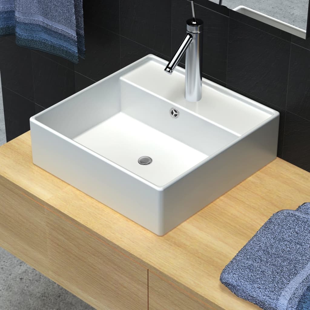 Lavabo Lujoso Cuadrado Cerámica Orificio De Grifo 41X41 Cm