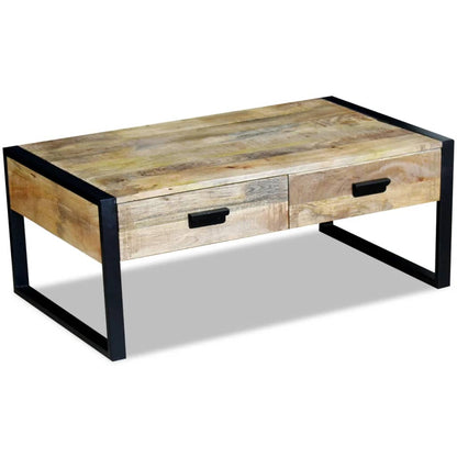 Mesa De Centro Con 2 Cajones Madera Maciza Mango 100X60X40 Cm