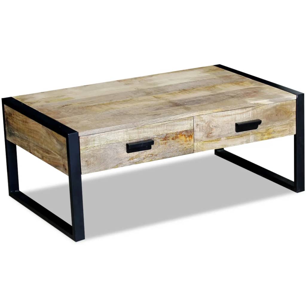 Mesa De Centro Con 2 Cajones Madera Maciza Mango 100X60X40 Cm
