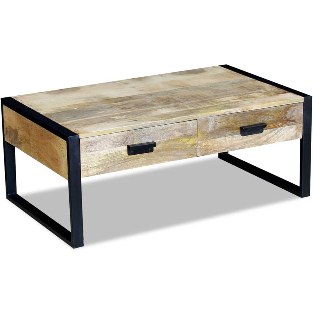 Mesa De Centro Con 2 Cajones Madera Maciza Mango 100X60X40 Cm