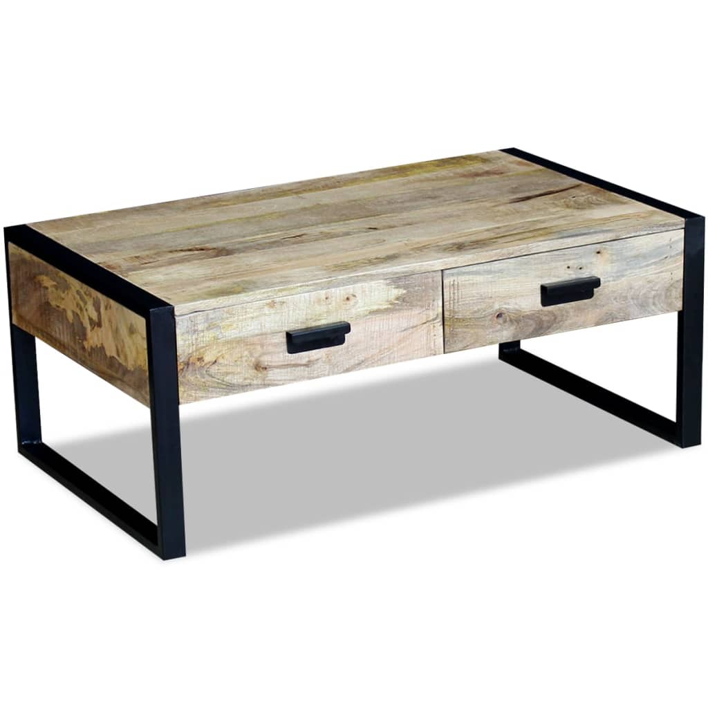Mesa De Centro Con 2 Cajones Madera Maciza Mango 100X60X40 Cm