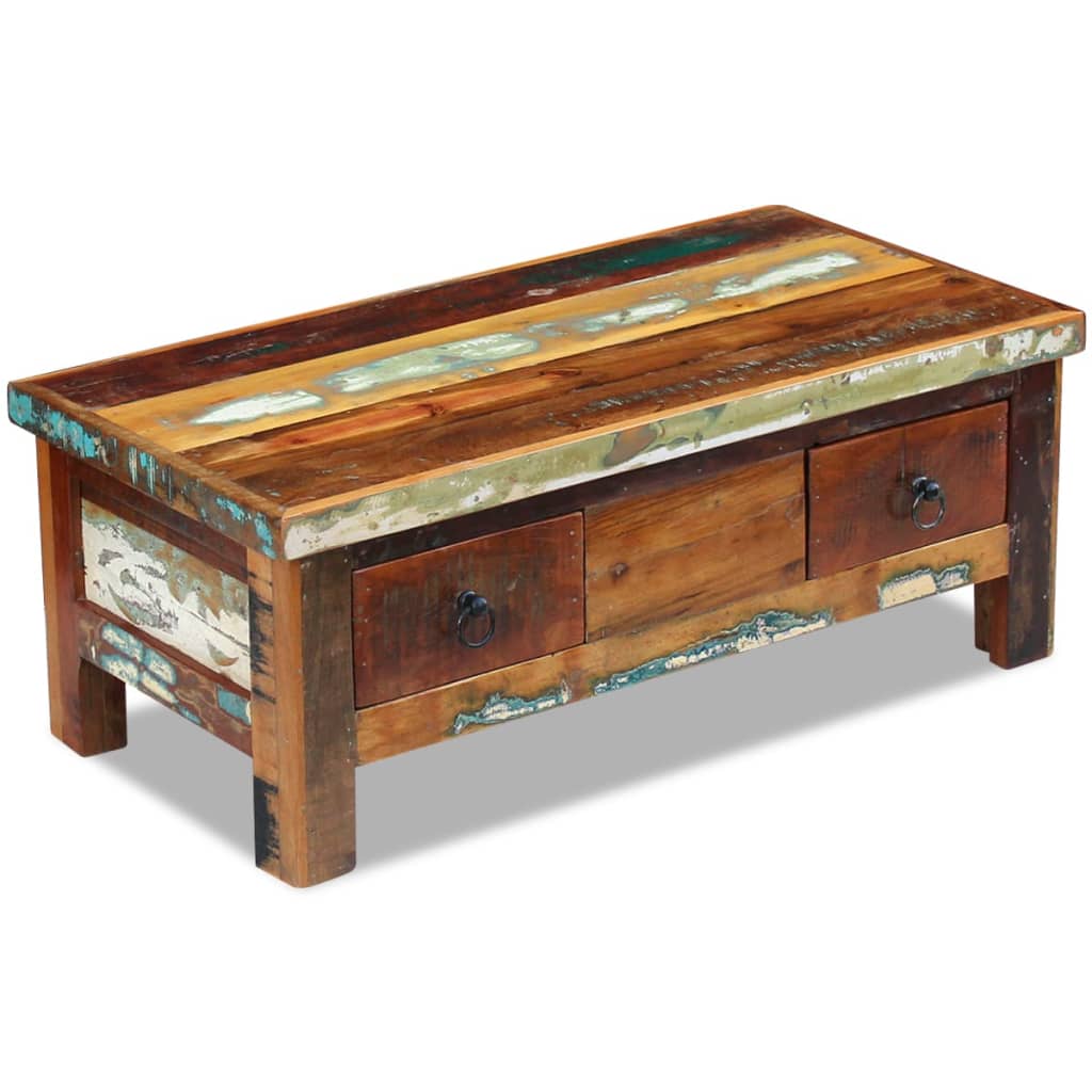 Mesa De Centro Con Cajones Madera Maciza Reciclada 90X45X35 Cm