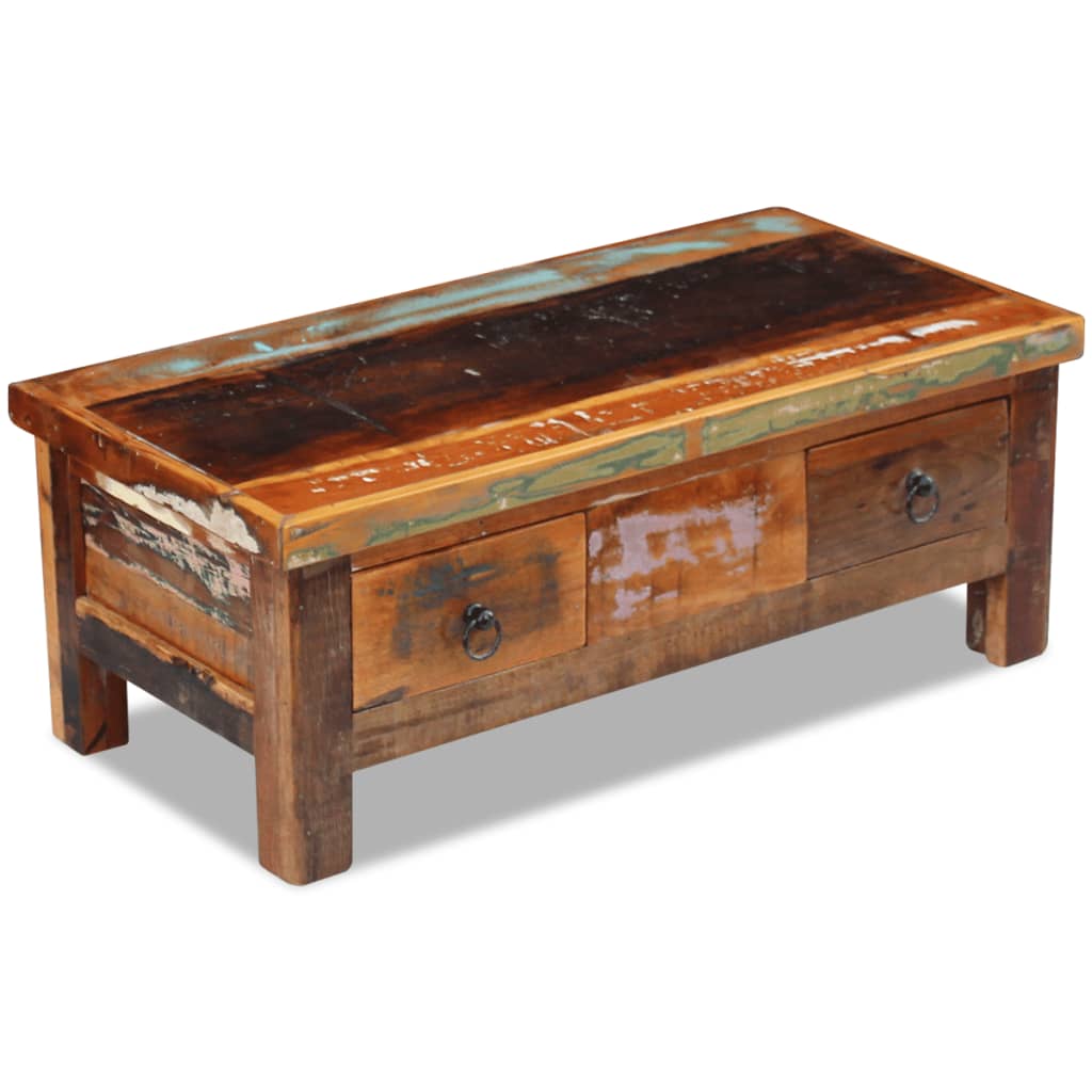 Mesa De Centro Con Cajones Madera Maciza Reciclada 90X45X35 Cm