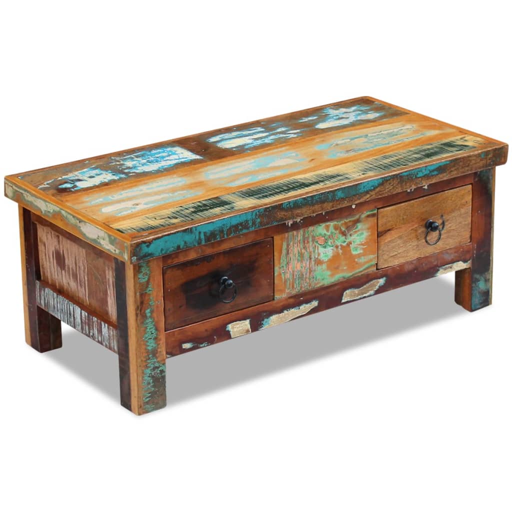 Mesa De Centro Con Cajones Madera Maciza Reciclada 90X45X35 Cm