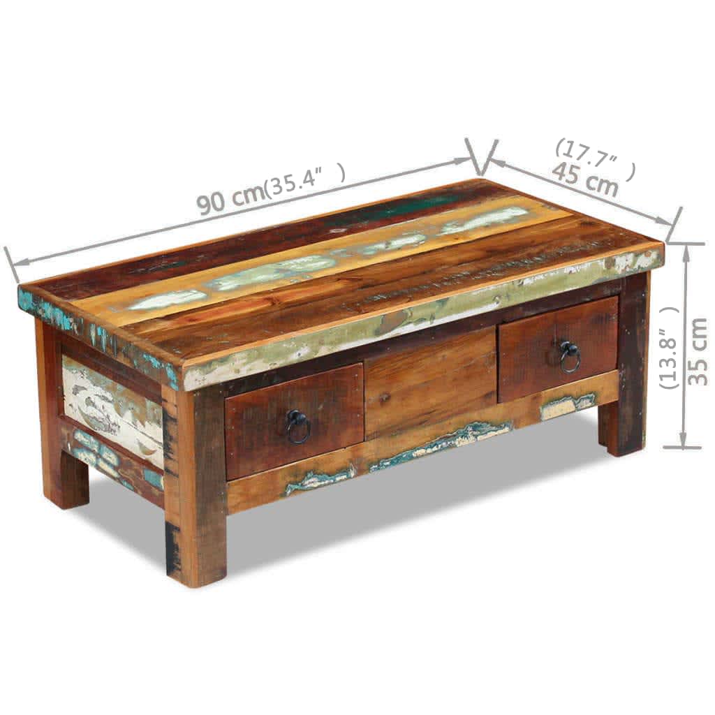 Mesa De Centro Con Cajones Madera Maciza Reciclada 90X45X35 Cm