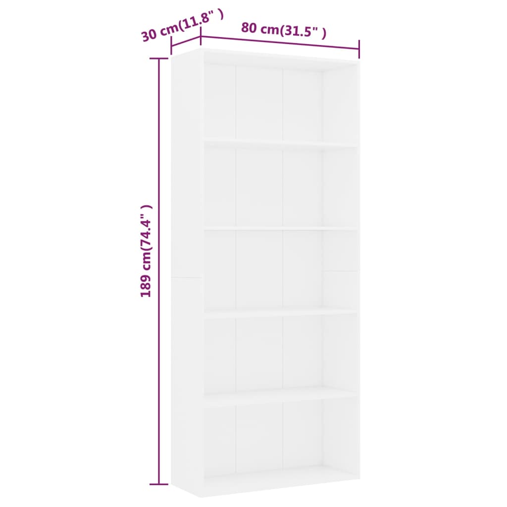 Estantería De 5 Niveles Madera Contrachapada Blanca 80X30X189Cm