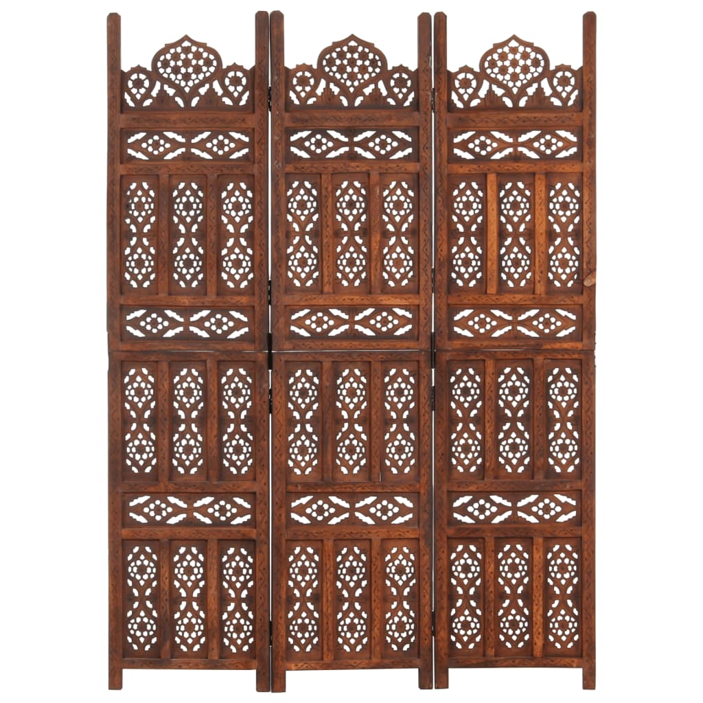 Biombo 3 Paneles Tallado A Mano Madera Mango Marrón 120X165 Cm