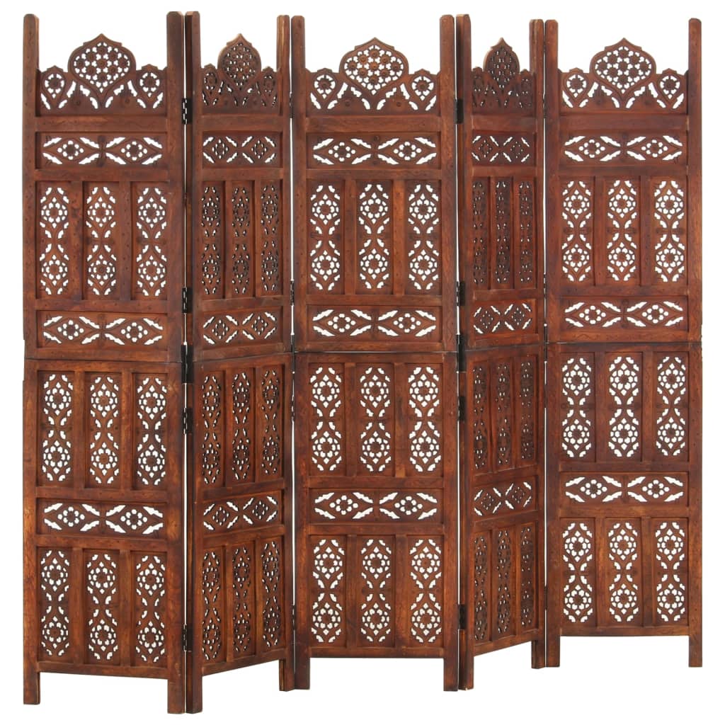 Biombo 3 Paneles Tallado A Mano Madera Mango Marrón 120X165 Cm