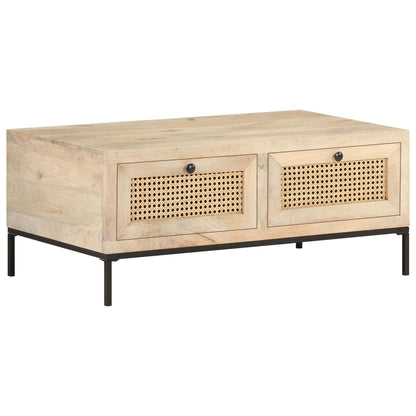 Mesa De Centro Madera Maciza Mango Y Caña Natural 90X50X37 Cm