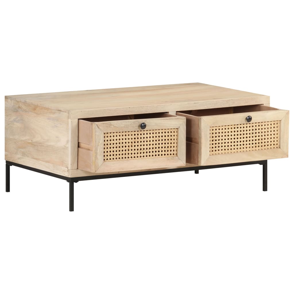 Mesa De Centro Madera Maciza Mango Y Caña Natural 90X50X37 Cm
