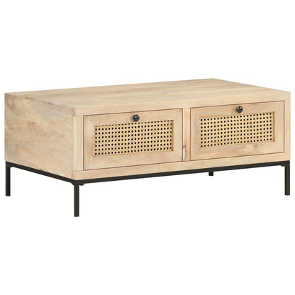 Mesa De Centro Madera Maciza Mango Y Caña Natural 90X50X37 Cm