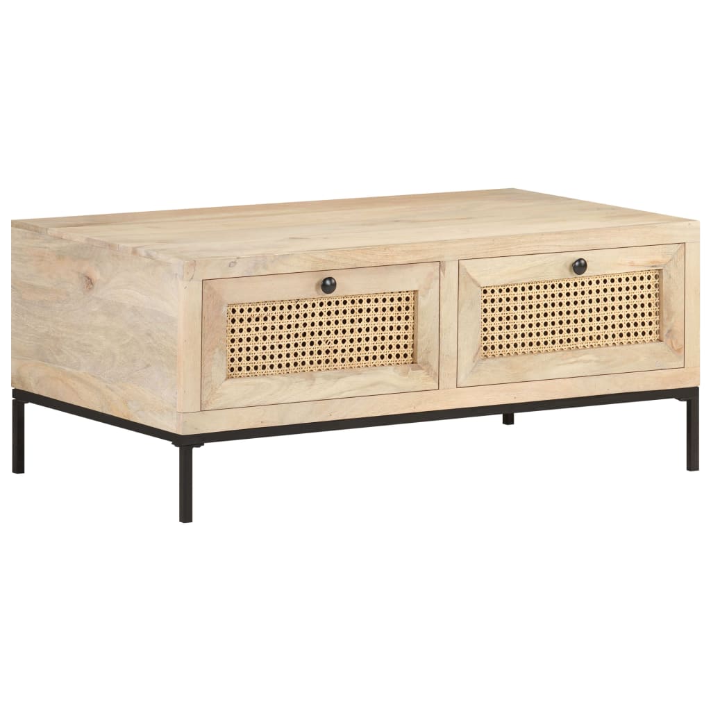 Mesa De Centro Madera Maciza Mango Y Caña Natural 90X50X37 Cm