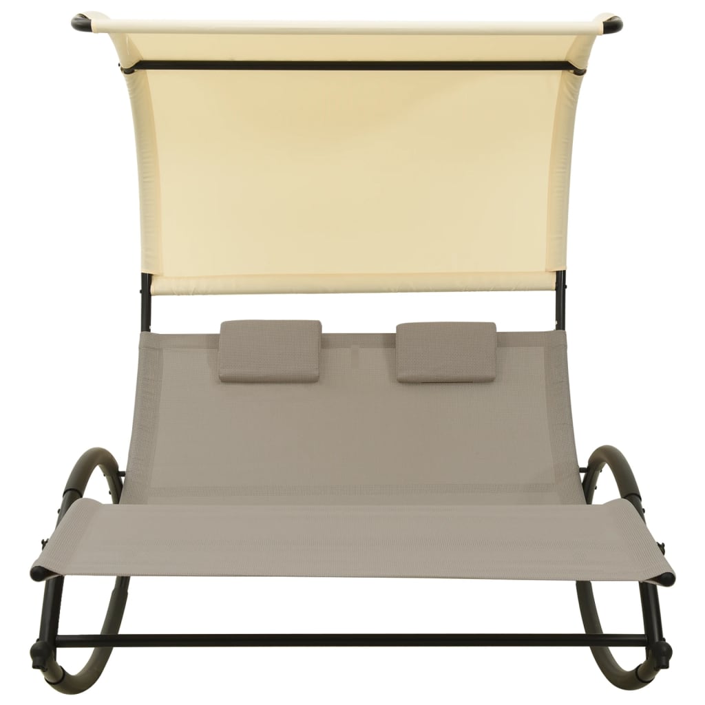 Tumbona Doble Con Toldo Textilene Color Gris Taupe Y Crema